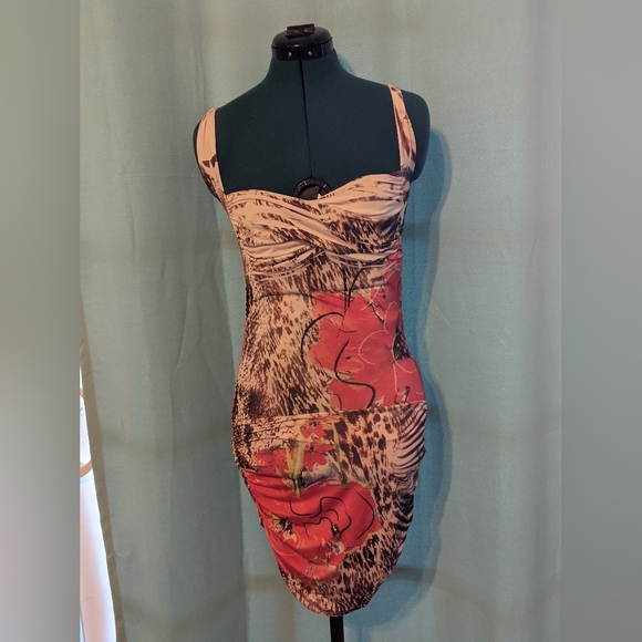 Y2K Bodycon Sweetheart Neckline Abstract Animal Print Cross back Mini Dress Sz S - Picture 2 of 6